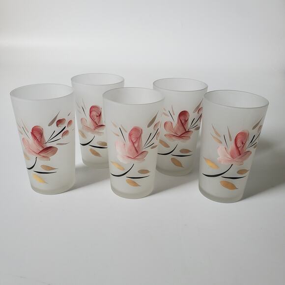 Hazel Atlas Vintage MCM Hand Painted Pink Roses Frosted Tumblers Set of 5 Drink - Picture 2 of 8